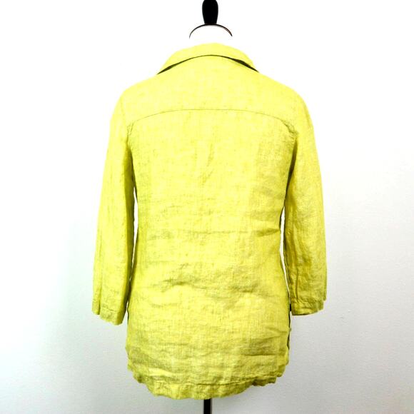 Tahari Size M Linen V Neck Tunic 3/4 Sleeve Side Buttons Chartreuse - Picture 4 of 11
